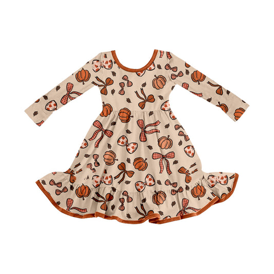 ( Moq 5 ) Preorder Baby Girl Long Sleeves Pumpkins Bows Fall Knee Length Dress