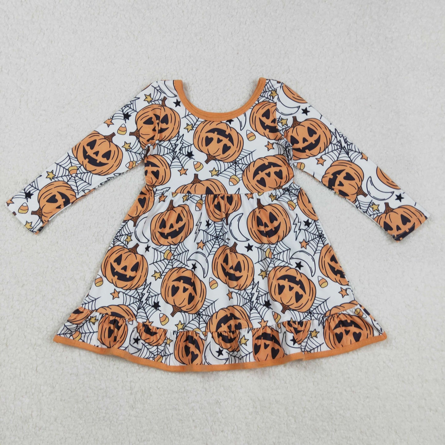 Boys Girls Toddler Long Sleeves Pumpkins Candy Corn Sibling Halloween Romper Dress RTS