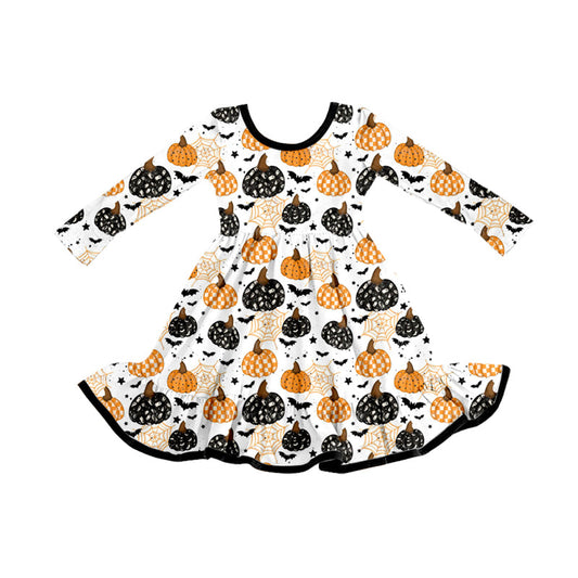 ( Moq 5 ) Preorder Baby Girl Long Sleeves Halloween Bats Pumpkins Ruffle Knee Length Dress