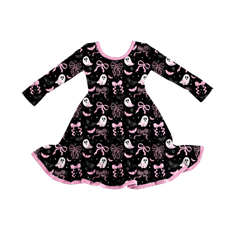 ( Moq 5 ) Preorder Baby Girl Long Sleeves Ghost Bows Ruffle Halloween Knee Length Dress
