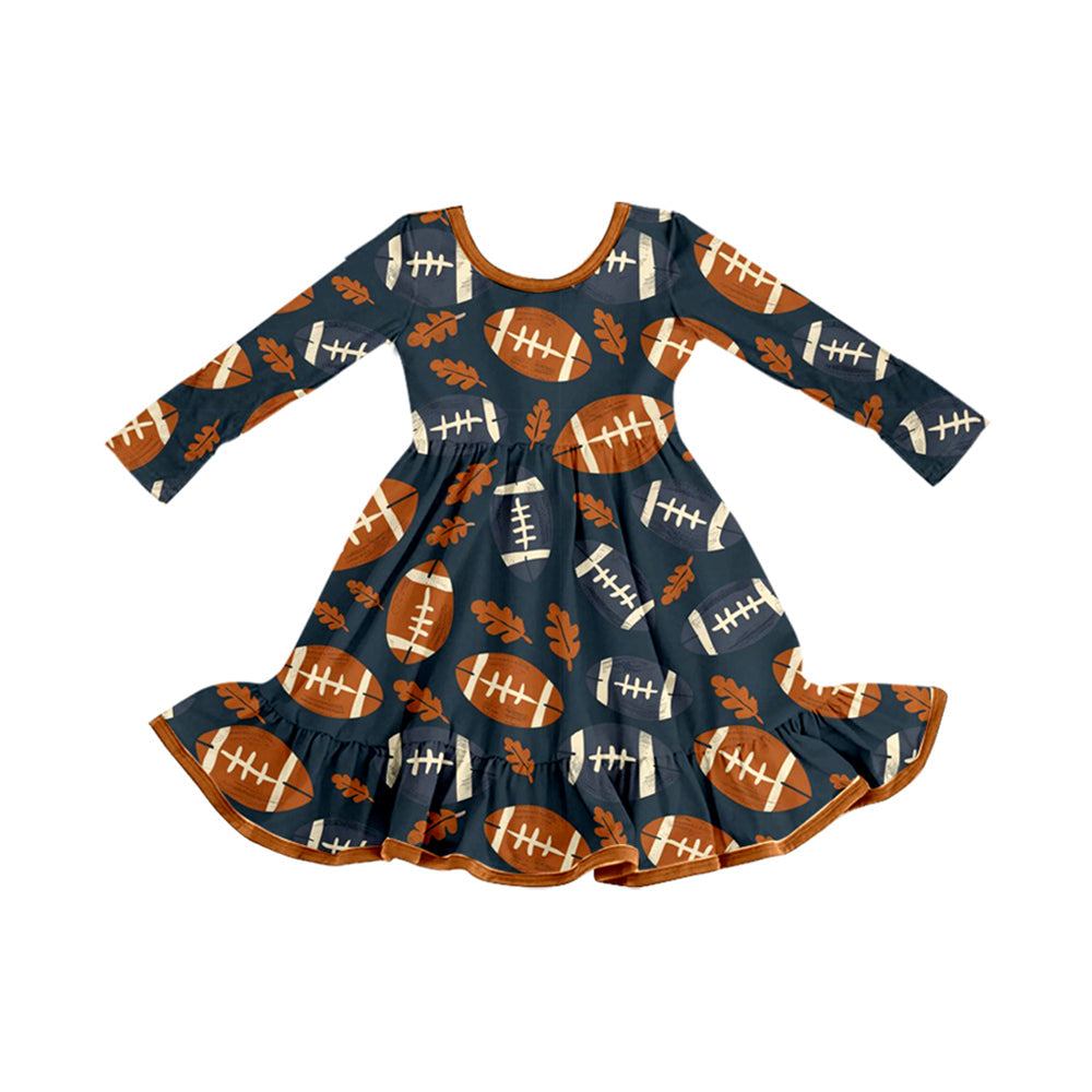 ( Moq 5 ) Preorder Baby Girl Long Sleeves Football Fall Ruffle Knee Length Dress