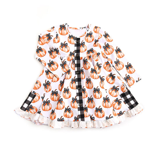( Moq 5 ) Preorder Baby Girl Long Sleeves Pumpkins Bows Pockets Fall Ruffle Knee Length Dress