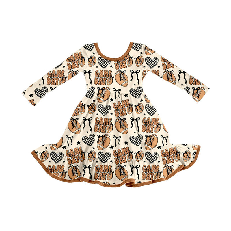 ( Moq 5 ) Preorder Baby Girl Long Sleeves Game Day Football Bows Knee Length Dress