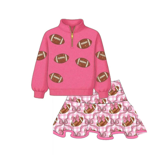 ( Moq 5 ) Preorder Girls Kids Football Zipper Pink Pullover Bows Skirt Yoga Active Set