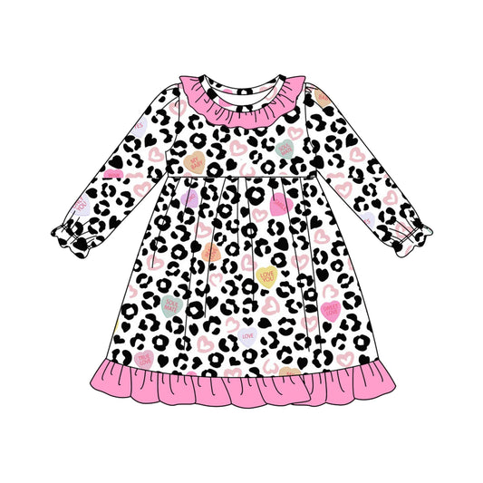 ( Moq 5 ) Preorder Girls Kids Hearts Leopard Valentine's Day Ruffle Knee Length Dress
