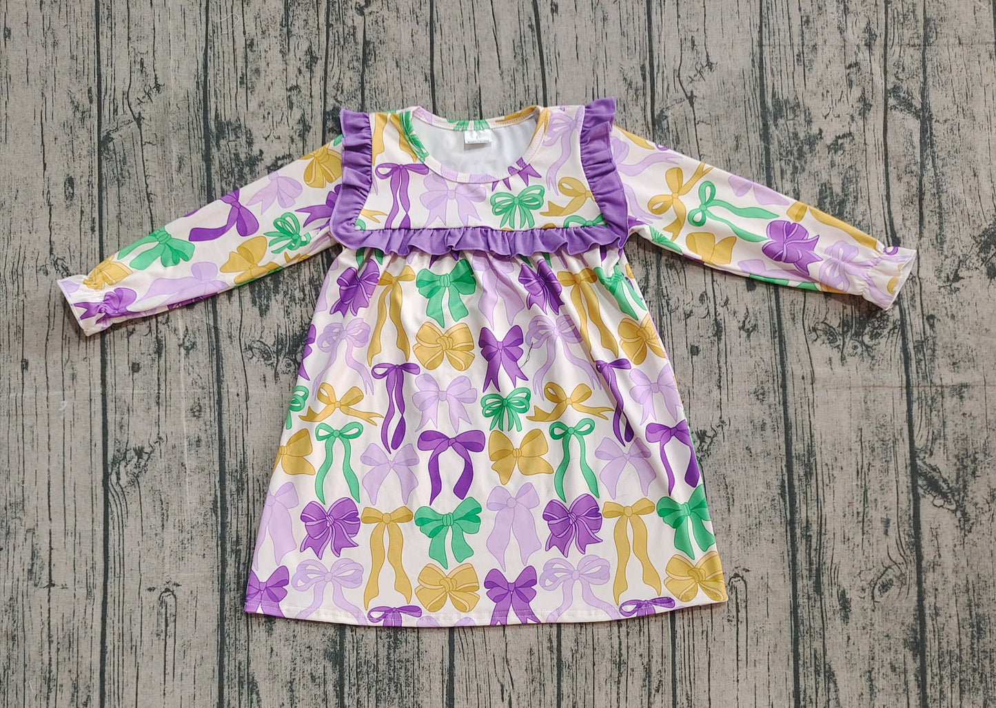 Girls Kids Long Sleeves Bows Purple Ruffle  Mardi Gras Knee Length Dress RTS