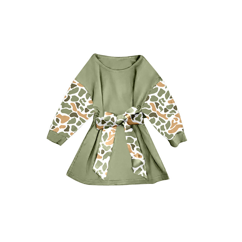 ( Moq 5 ) Preorder Girls Kids Green Orange Camo Long Sleeves Knee Length Dress