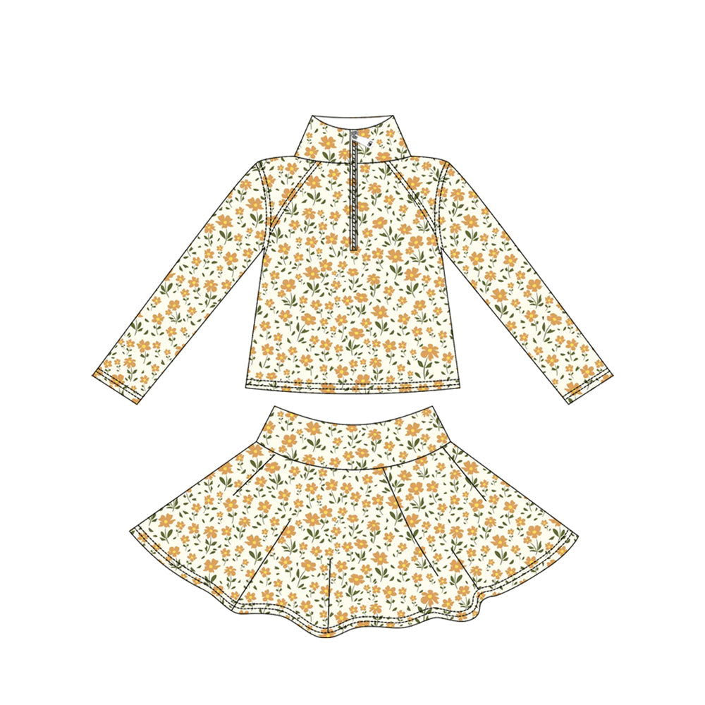 ( Moq 5 ) Baby Girls Kids Yellow Floral Zipper Tops Skirts Shorts Skorts Yoga Active Set