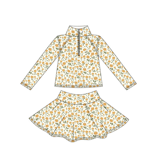 ( Moq 5 ) Baby Girls Kids Yellow Floral Zipper Tops Skirts Shorts Skorts Yoga Active Set
