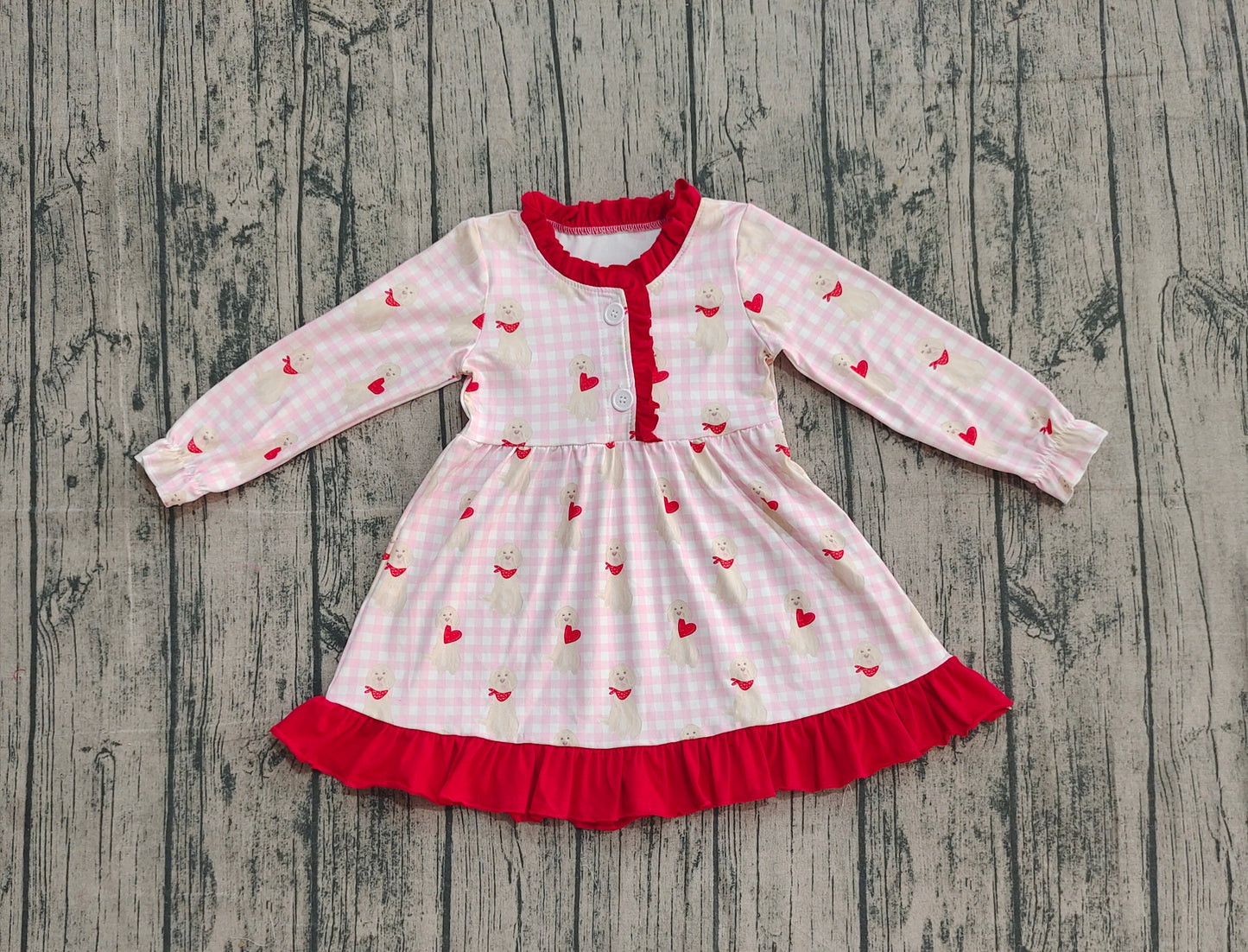 Baby Kids Girls Long Sleeves Dogs Hearts Plaid Valentine's Day Ruffle Gown Dress RTS