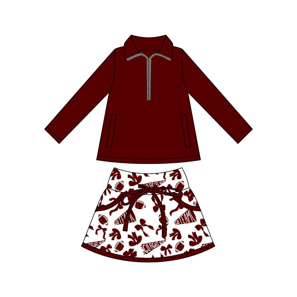 ( Moq 5 ) Preorder Baby Kids Girls Long Sleeves Zipper Tops Dark Red Football Bows Skirts Shorts Team Cheer Set