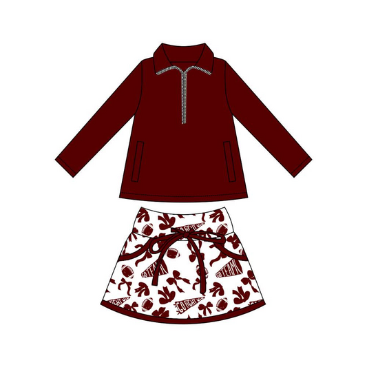 ( Moq 5 ) Preorder Baby Kids Girls Long Sleeves Zipper Tops Dark Red Football Bows Skirts Shorts Team Cheer Set