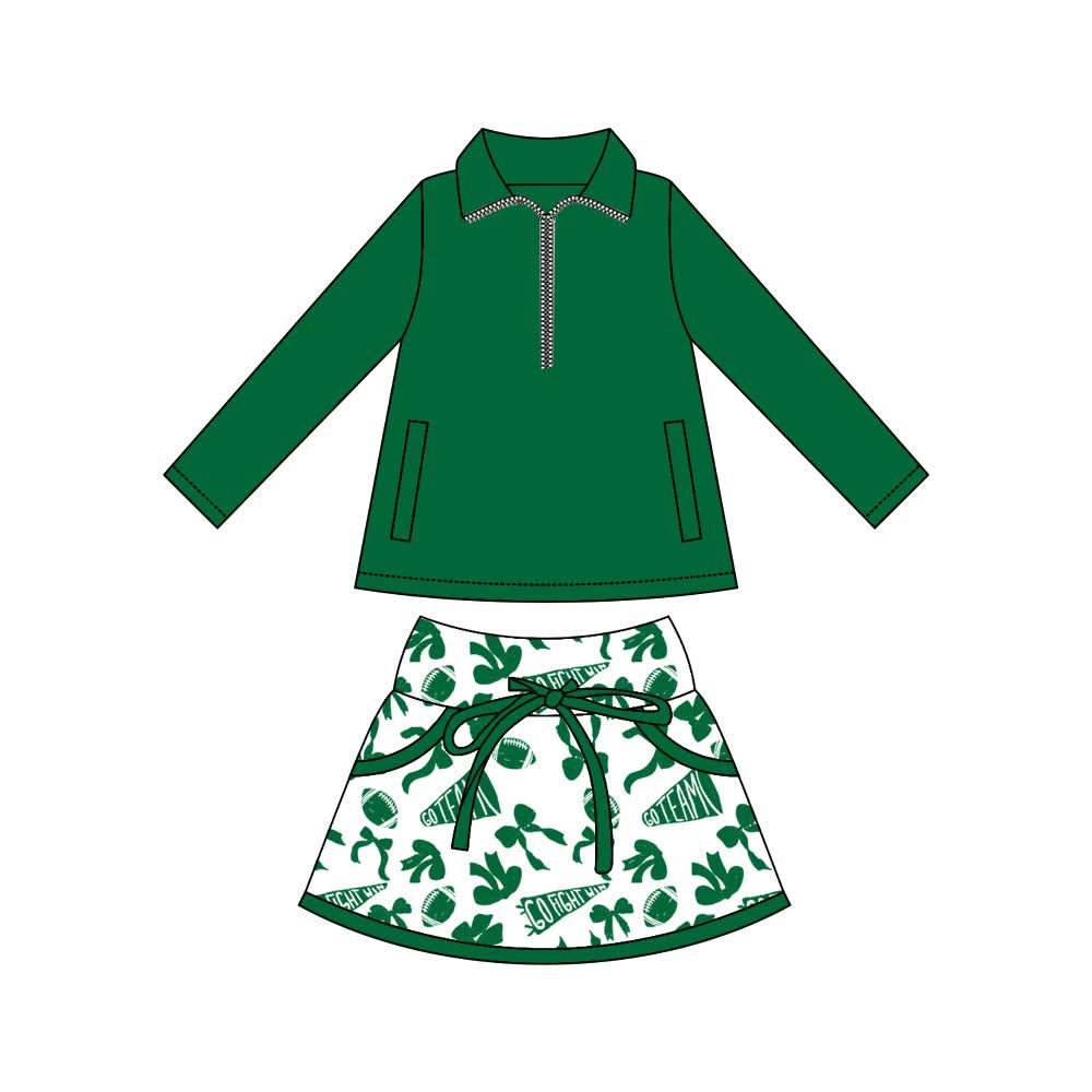 ( Moq 5 ) Preorder Baby Kids Girls Long Sleeves Zipper Tops Green Football Bows Skirts Shorts Team Cheer Set