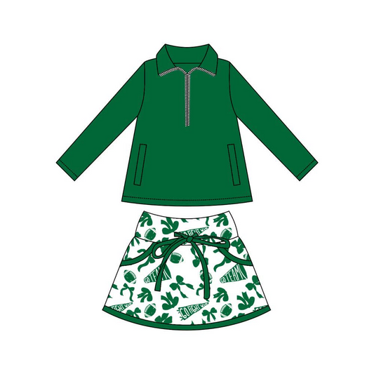 ( Moq 5 ) Preorder Baby Kids Girls Long Sleeves Zipper Tops Green Football Bows Skirts Shorts Team Cheer Set