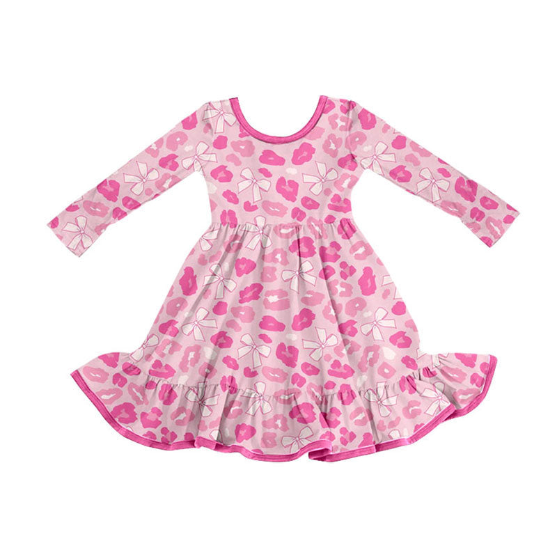 ( Moq 5 ) Preorder Baby Girls Kids Long Sleeves Leopard Bows Valentine's Dress