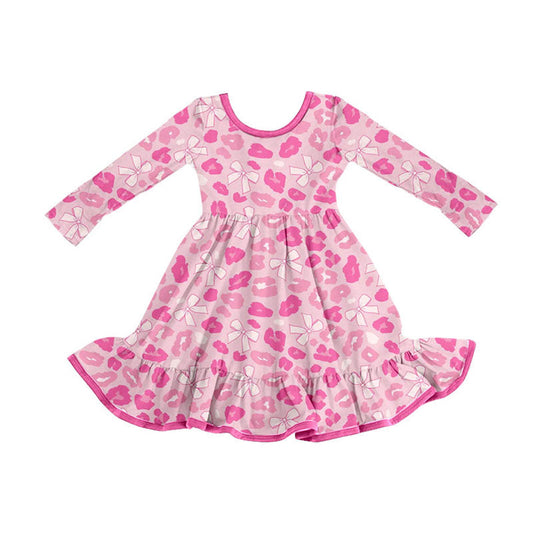 ( Moq 5 ) Preorder Baby Girls Kids Long Sleeves Leopard Bows Valentine's Dress