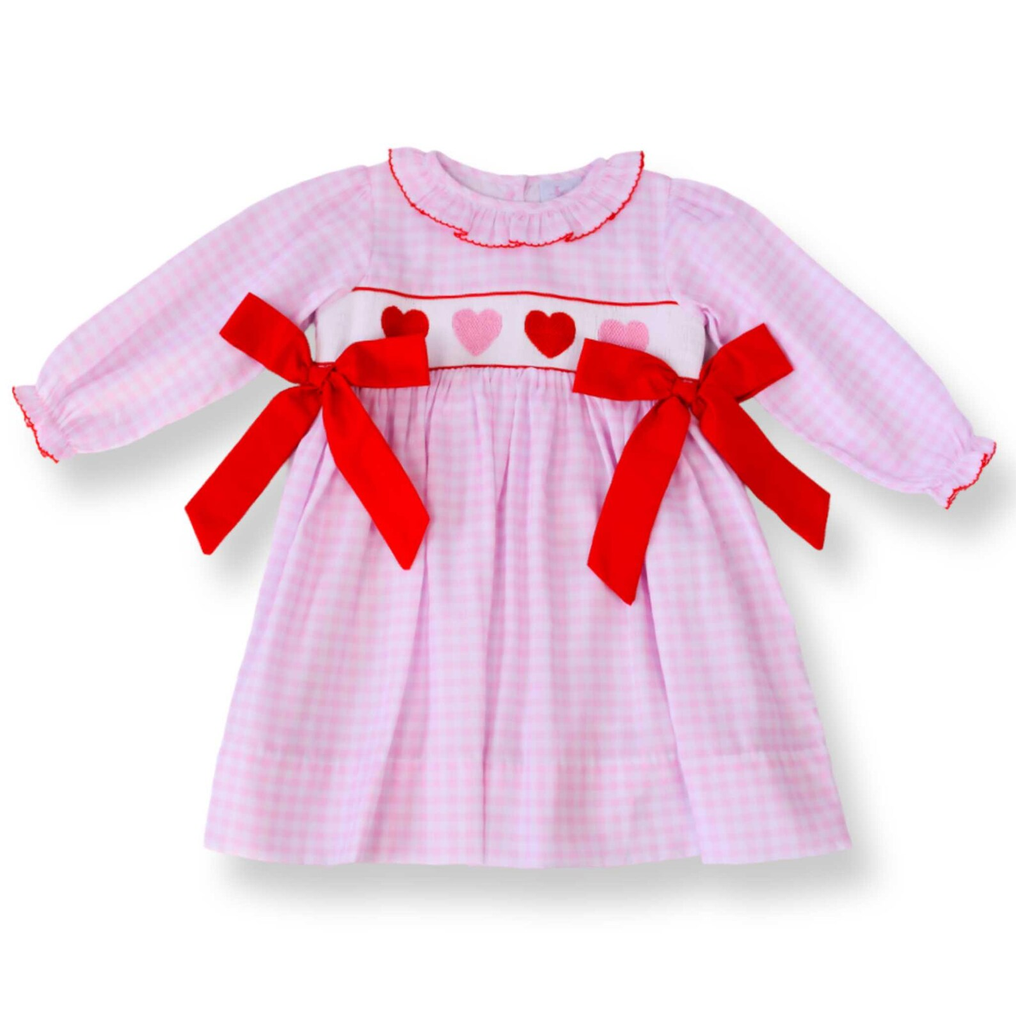 ( Moq 5 ) Preorder Girls Kids Long Sleeves Hearts Bows Pink Plaid Valentine's Day Dress