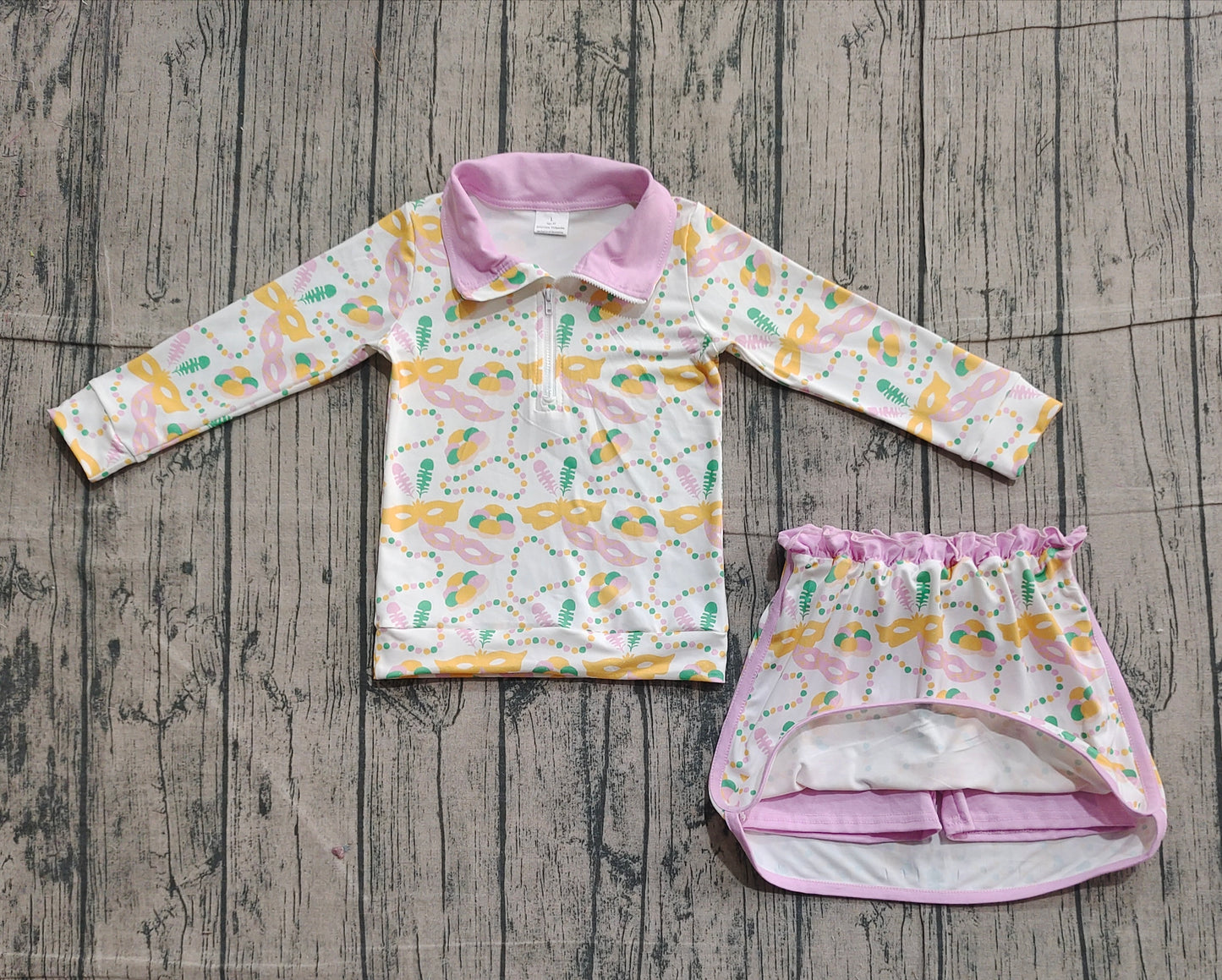 Baby Girls Kids Masks Zipper Tops Shorts Skirt Skort Mardi Gras Clothes Set RTS