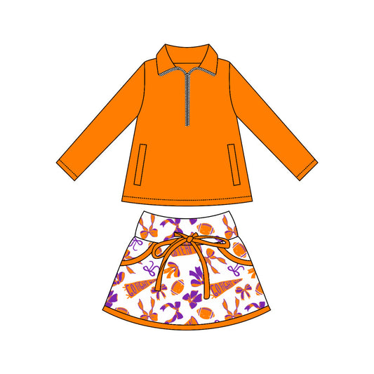 ( Moq 5 ) Preorder Girls Kids Zipper Pockets Tops Football Orange Purple Bows Cheer Skorts Yoga Active Team Set