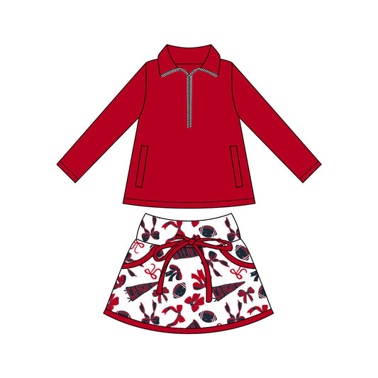 ( Moq 5 ) Preorder Girls Kids Zipper Pockets Red Tops Football Bows Cheer Skorts Yoga Active Team Set