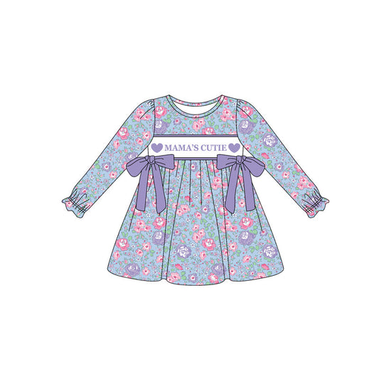 ( Moq 5 ) Preorder Girls Kids Mama's Cutie Hearts Flower Purple Bows Knee Length Dress