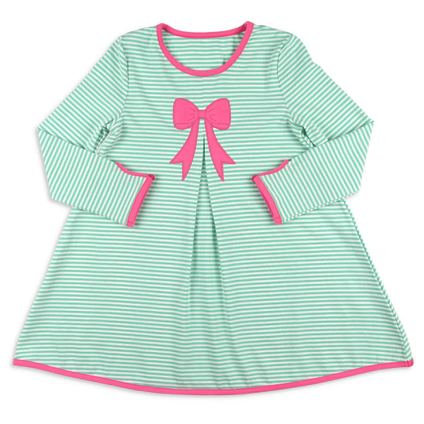 ( Moq 5 ) Preorder Girls Kids Green Stripes Long Sleeves Bow Knee Length Dress