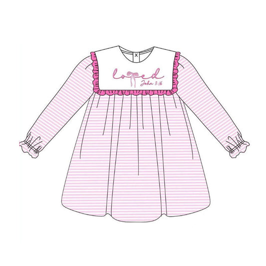 ( Moq 5 ) Preorder Girls Kids Long Sleeves Bow Stripes Valentine's Day Knee Length Dress