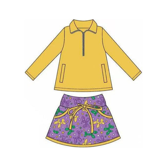( Moq 5 ) Preorder Girls Kids Orange Pockets Zipper Tops Mardi Gras Balloons Shorts Skirt Skort Set