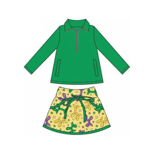 ( Moq 5 ) Preorder Girls Kids Green Pockets Zipper Tops Mardi Gras Balloons Shorts Skirt Skort Set