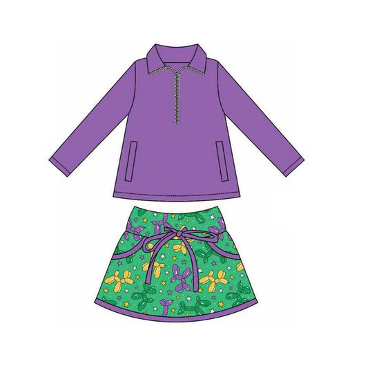 ( Moq 5 ) Preorder Girls Kids Purple Pockets Zipper Tops Mardi Gras Balloons Shorts Skirt Skort Set
