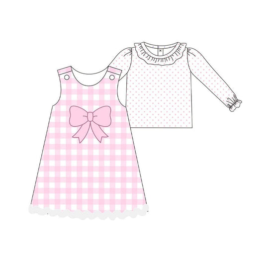 ( Moq 5 ) Preorder Girls Kids Long Sleeves Dots Shirt Bow Pink Plaid Dress Set
