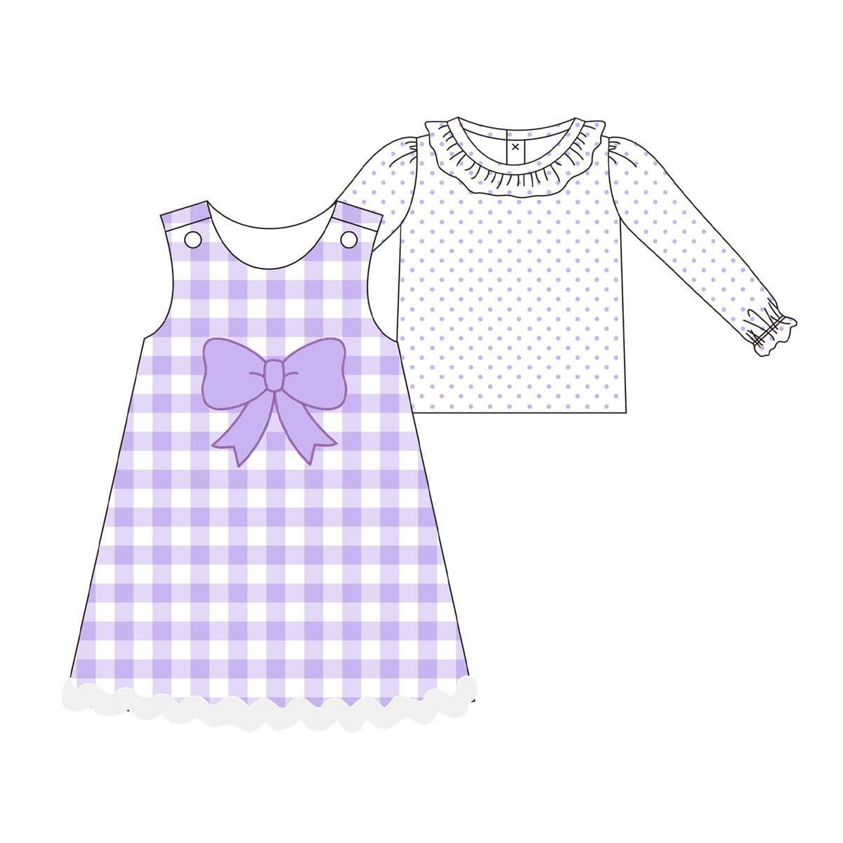 ( Moq 5 ) Preorder Girls Kids Long Sleeves Dots Shirt Bow Purple Plaid Dress Set