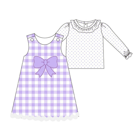 ( Moq 5 ) Preorder Girls Kids Long Sleeves Dots Shirt Bow Purple Plaid Dress Set