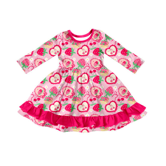 ( Moq 5 ) Preorder Girls Kids Long Sleeves Strawberry Bows Flower Valentine's Day Ruffle Dress