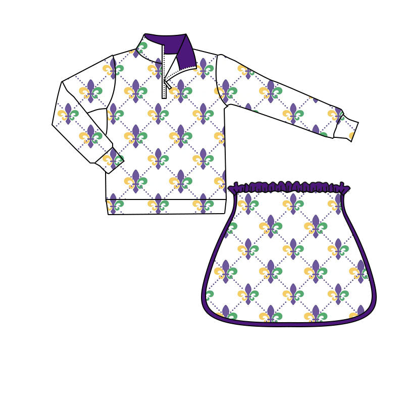 ( Moq 5 ) Preorder Girls Kids Zipper Tops Anchors Shorts Skirt Skort Mardi Gras Yoga Active Set