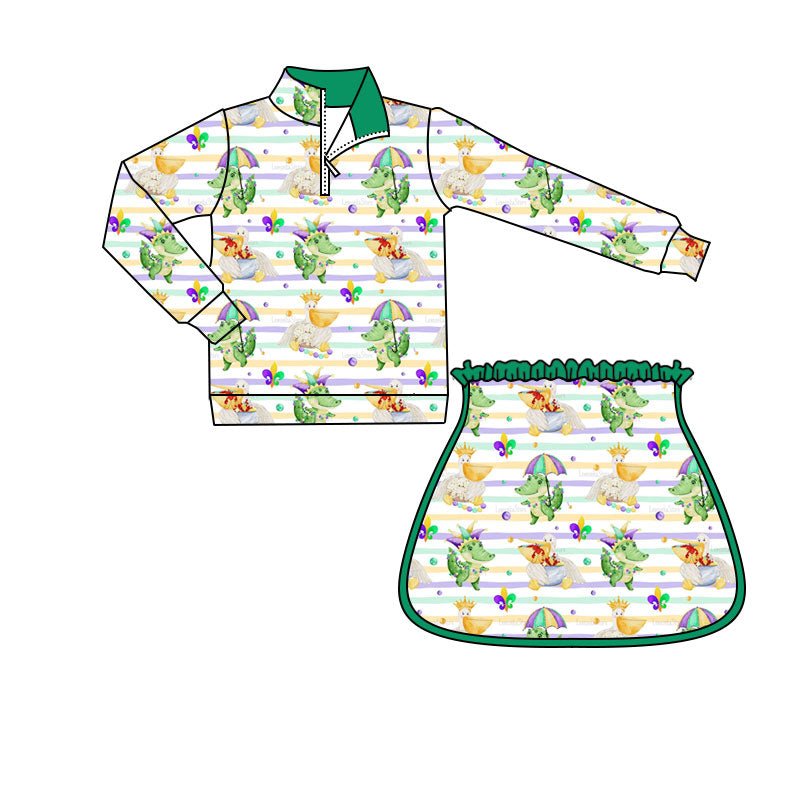 ( Moq 5 ) Preorder Girls Kids Crocodiles Zipper Tops Shorts Skirt Skort Mardi Gras Yoga Active Set