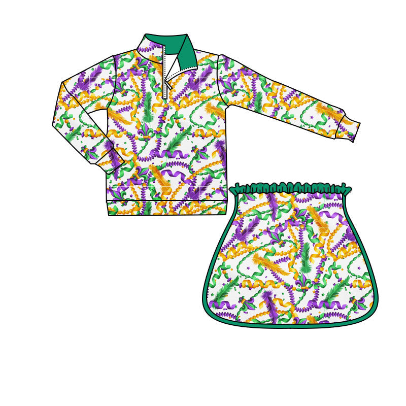 ( Moq 5 ) Preorder Girls Kids Long Sleeves Zipper Tops Shorts Skirt Skort Mardi Gras Yoga Active Set