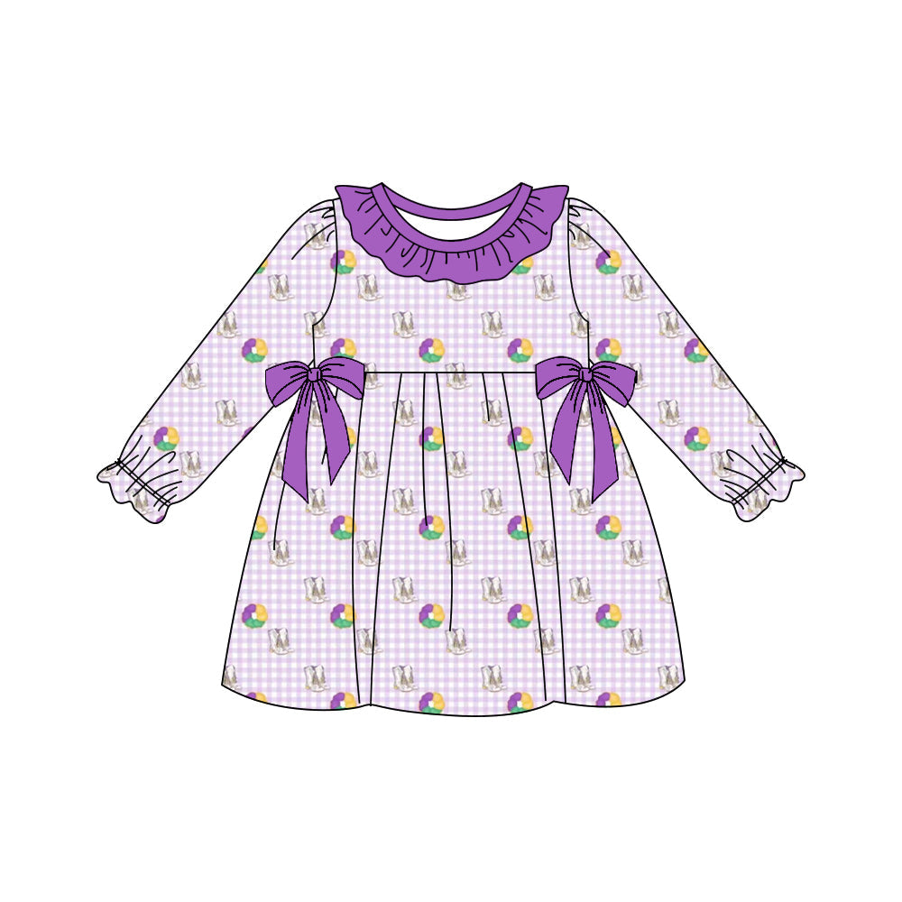 ( Moq 5 ) Preorder Baby Girls Kids Donuts Boots Purple Bows Mardi Gras Knee Length Dress