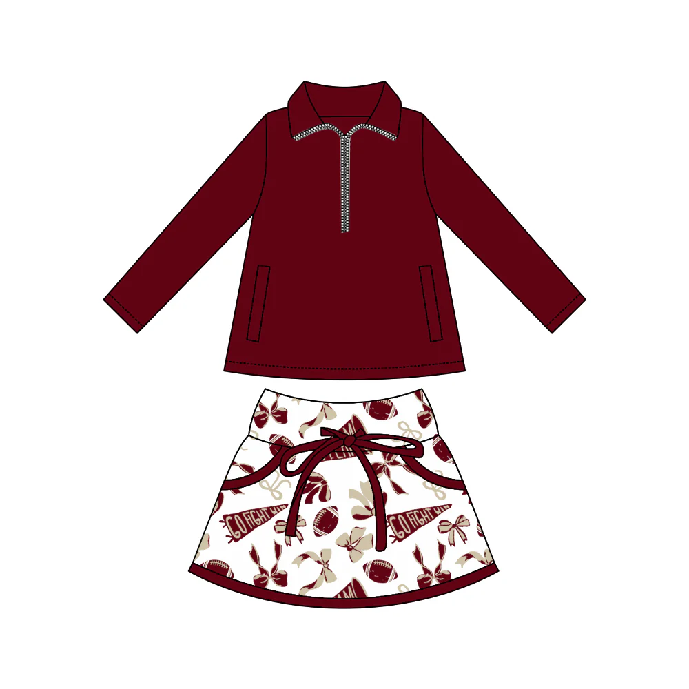 ( Moq 5 ) Preorder Baby Girls Long Sleeves Zipper Pullover Tops Football Cheer Bows Team Skort Yoga Active Set