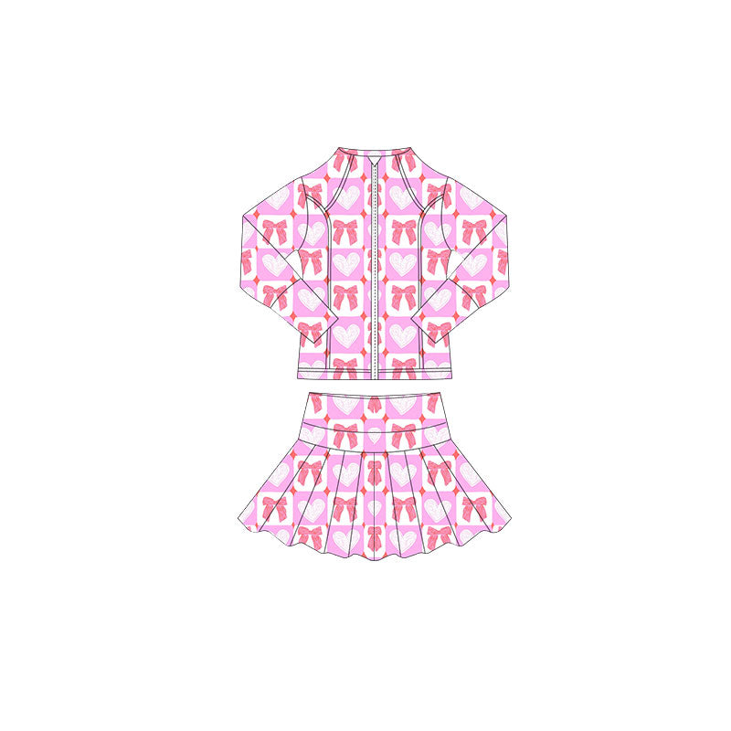 ( Moq 5 ) Preorder Baby Girls Hearts Bows Plaid Zipper Tops Skorts Valentine Yoga Pink Set