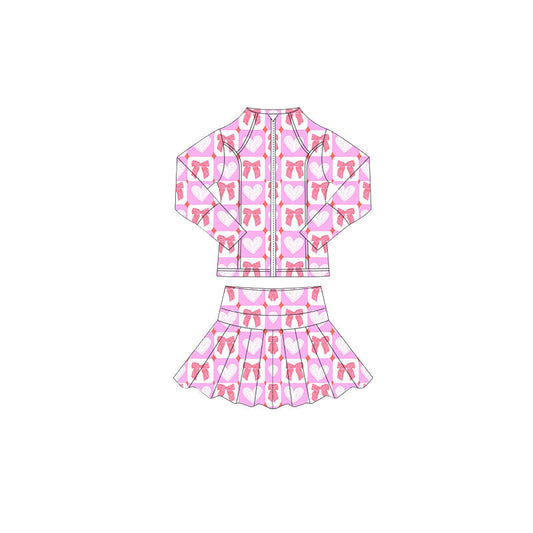 ( Moq 5 ) Preorder Baby Girls Hearts Bows Plaid Zipper Tops Skorts Valentine Yoga Pink Set