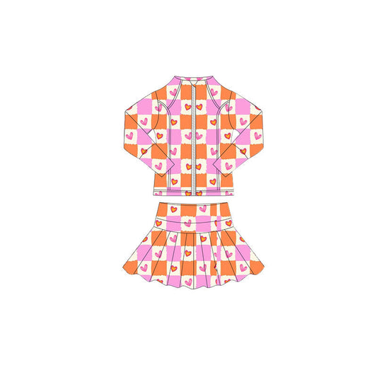 ( Moq 5 ) Preorder Baby Girls Hearts Checked Zipper Tops Skorts Valentine Yoga Clothes Set