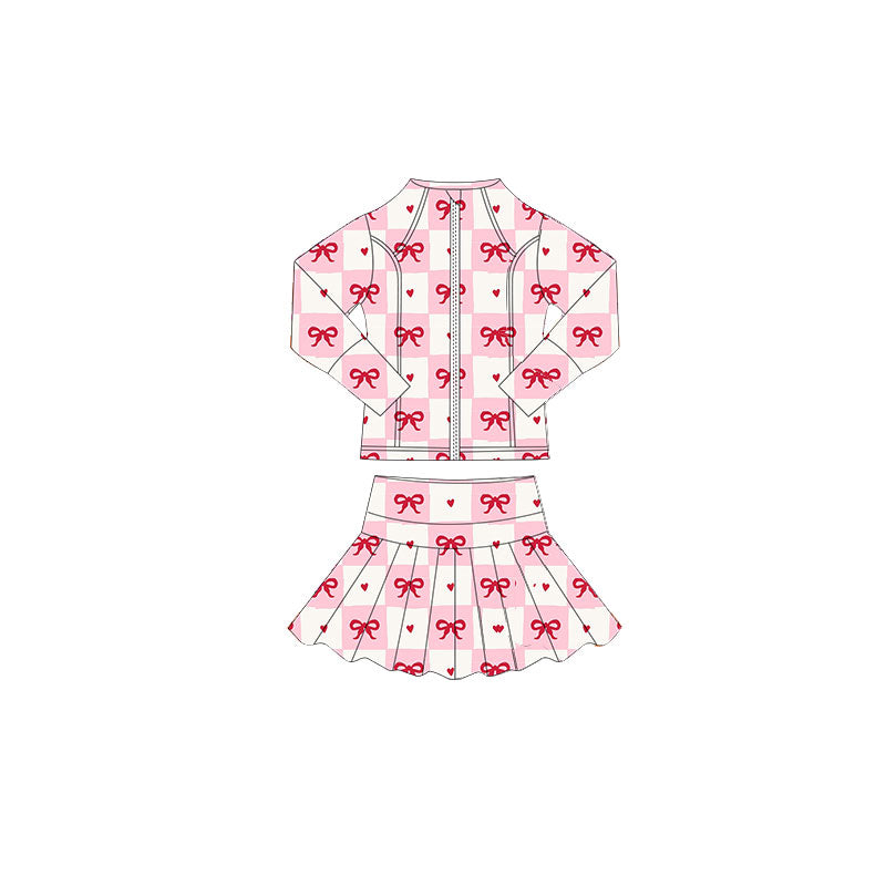 ( Moq 5 ) Preorder Baby Girls Bows Hearts Plaid Zipper Tops Skorts Valentine Yoga Clothes Set