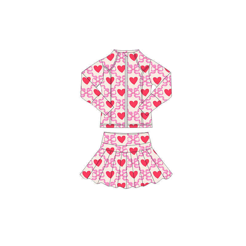 ( Moq 5 ) Preorder Baby Girls Long Sleeves Bows Hearts Zipper Tops Skorts Valentine Yoga Clothes Set