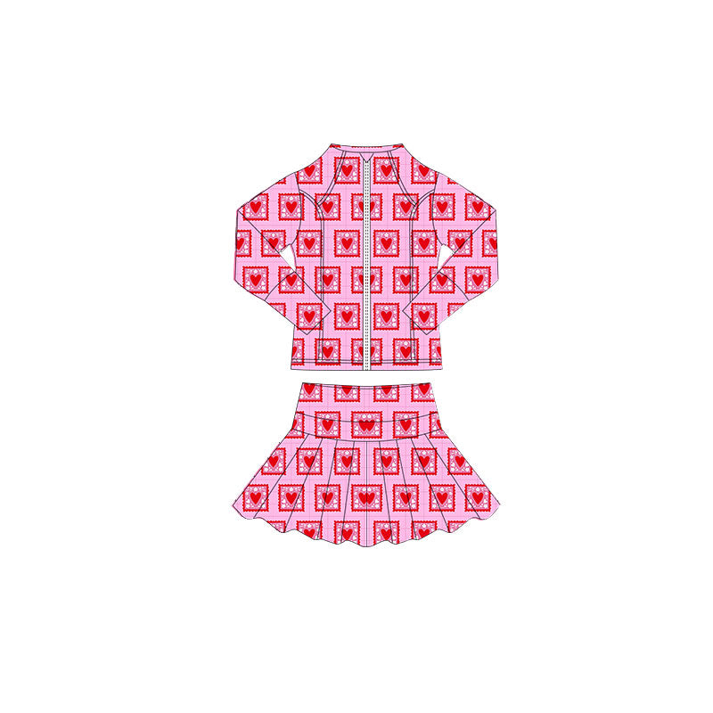 ( Moq 5 ) Preorder Baby Girls Hearts Plaid Zipper Tops Skorts Valentine Yoga Clothes Set