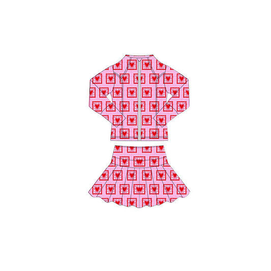 ( Moq 5 ) Preorder Baby Girls Hearts Plaid Zipper Tops Skorts Valentine Yoga Clothes Set
