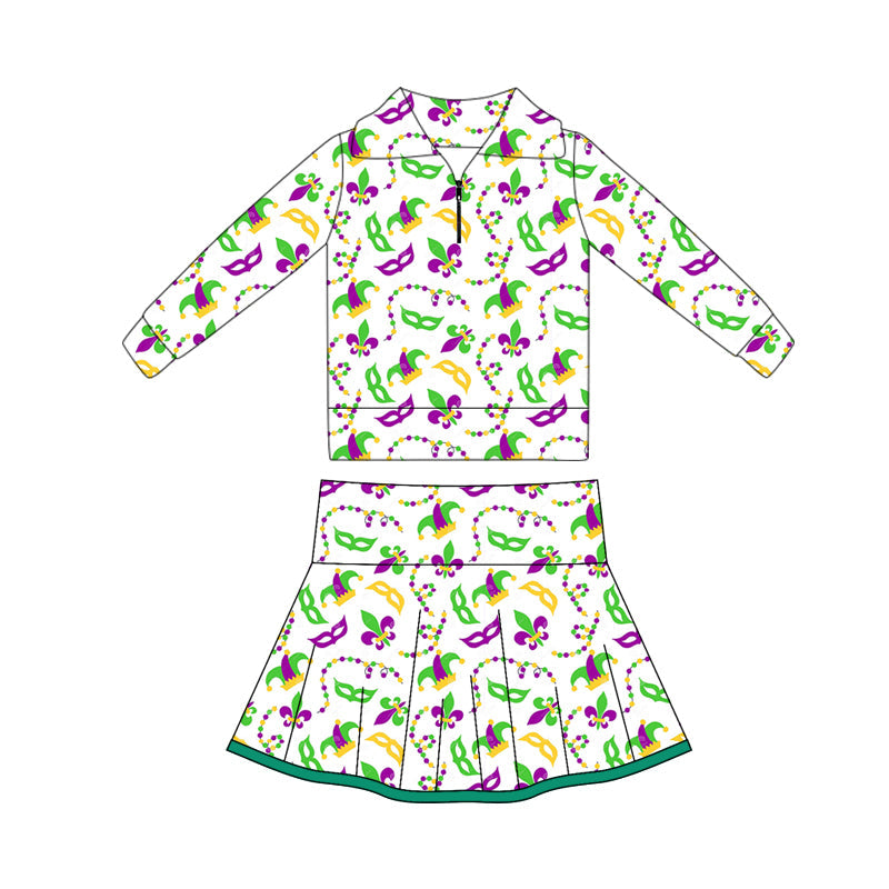 ( Moq 5 ) Preorder Baby Girls Mardi Gras Anchors Masks Zipper Tops Shorts Skirt Skorts Yoga Set