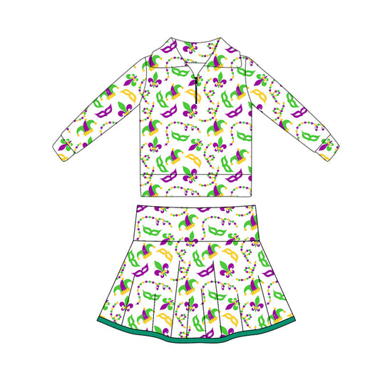 ( Moq 5 ) Preorder Baby Girls Mardi Gras Anchors Masks Zipper Tops Shorts Skirt Skorts Yoga Set