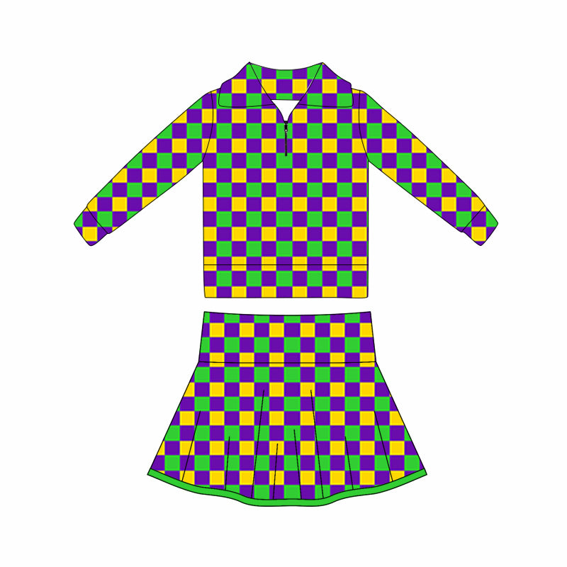 ( Moq 5 ) Preorder Baby Girls Checked Zipper Tops Shorts Skirt Skorts Yoga Mardi Gras Set
