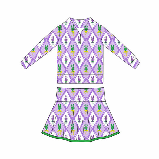 ( Moq 5 ) Preorder Baby Girls Crawfish Plaid Zipper Tops Shorts Skirt Skorts Yoga Mardi Gras Set
